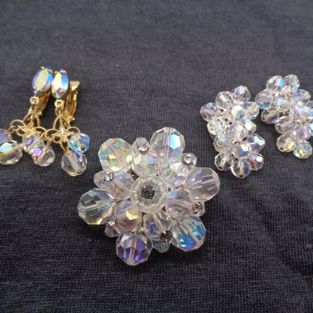 Vintage Crystal Aurora Borealis Bead Brooch & 2 Pairs Clip Earrings Lot